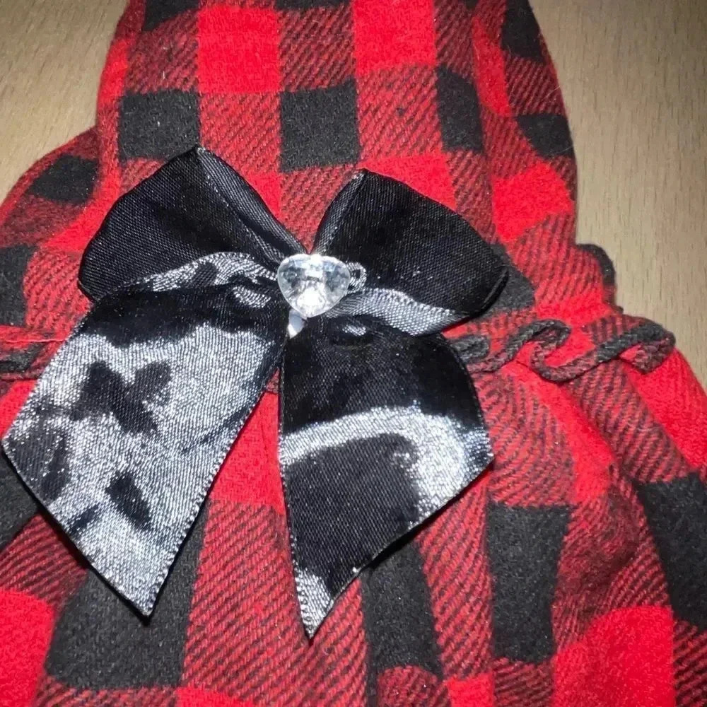 HOLIDAY DOG DRESS BUFFALO PLAID RUFFLE HEM W BIG BOW & GEMSTONE FOR SMALL DOG - Picture 9 of 12